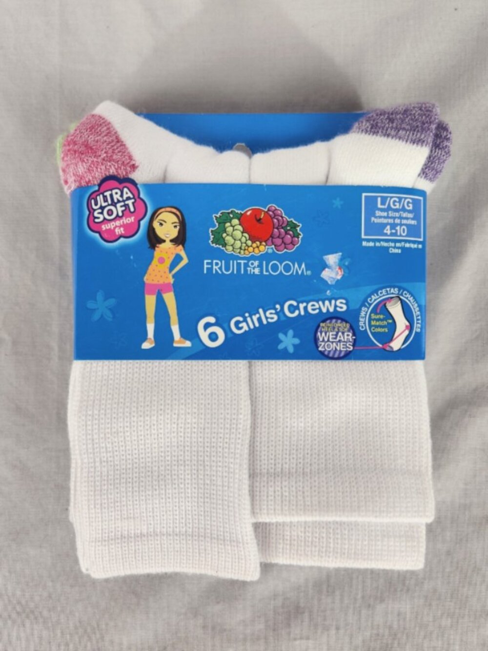 NWT Fruit Of The Loom Girls L Crew Socks Ultra Soft 6 Pairs Multicolor Heel Toe